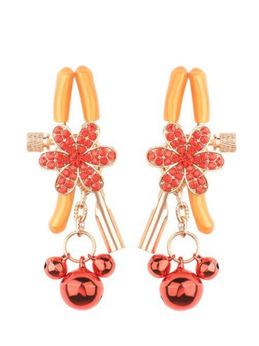Red Rhinestone Flower Chain Nipple Clamps