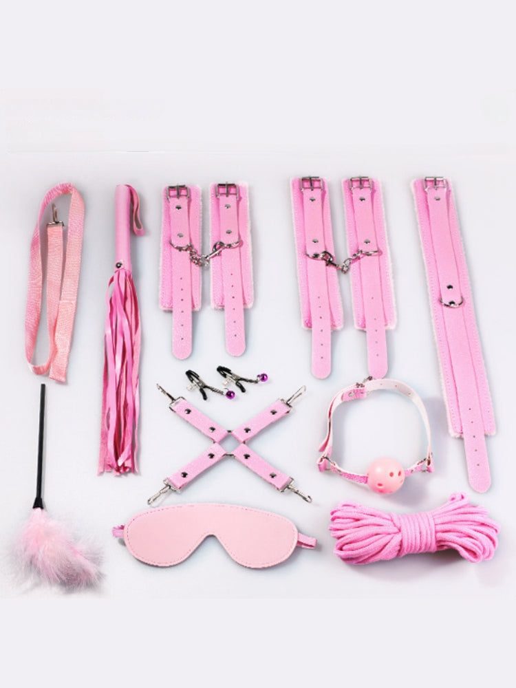 10-Piece Bondage Set (Leather & Plush) Black /Pink