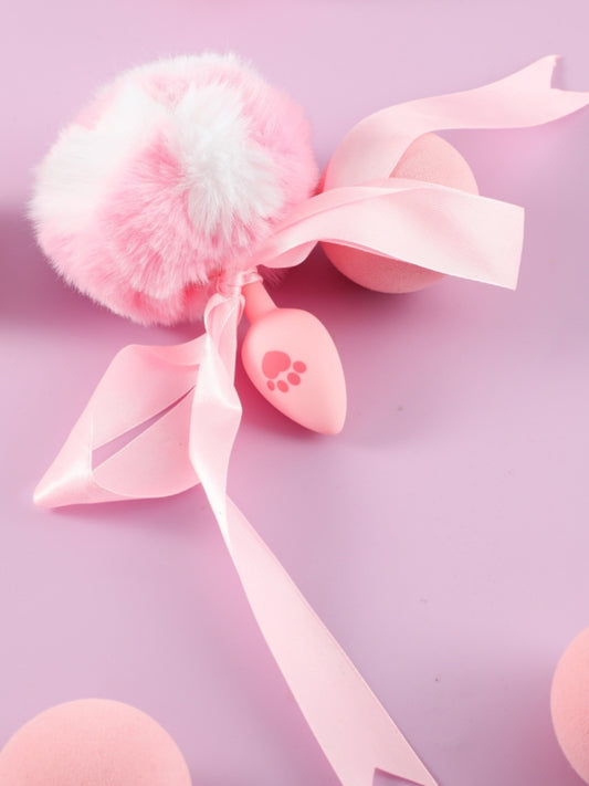 Silicone Rabbit Tail Anal Plug / pink & white