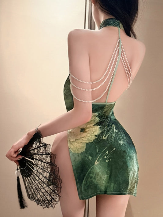 Lotus Reflecting The Moon Deep V Sexy Cheongsam With High Slit Revealing Hips #3851