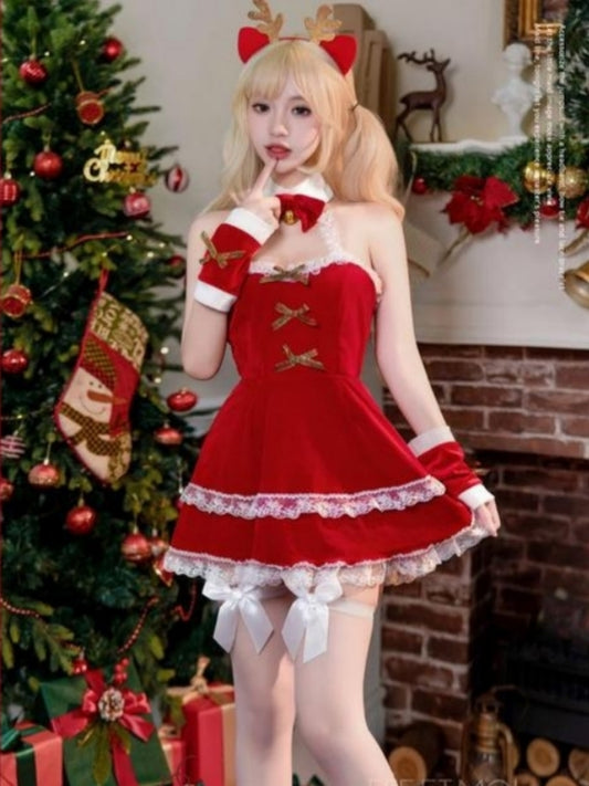 Christmas/New Year Velvet Sexy Pure Desire Hip-baring Temptation Tube Top Bare Back Cute Christmas Elk Set #6710