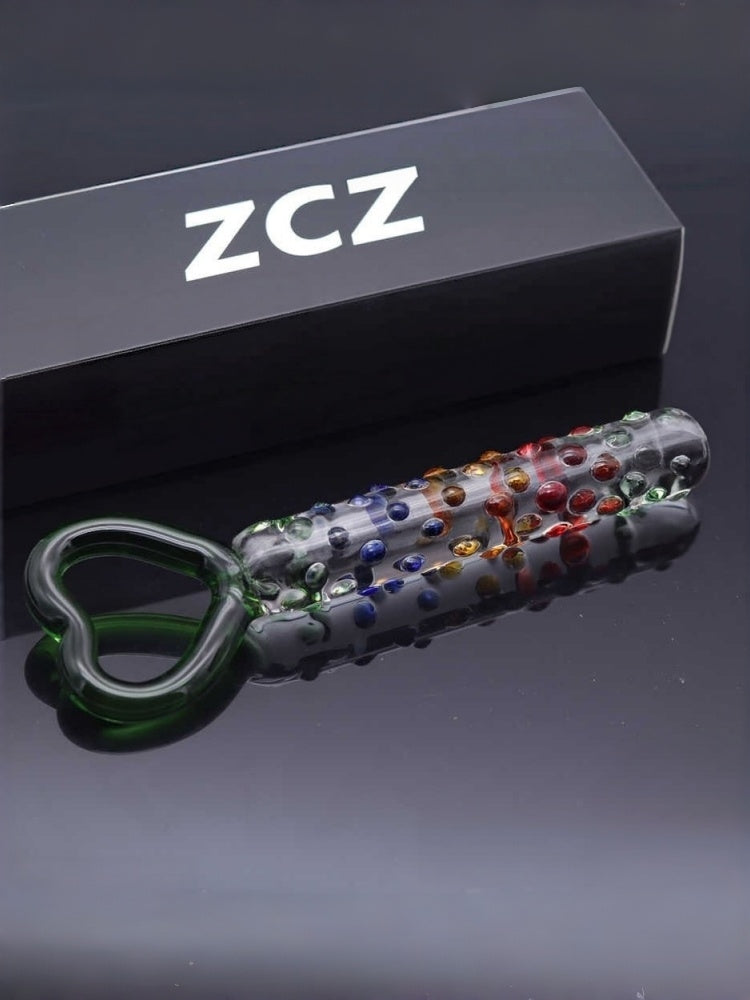 Rainbow Glass Dildo with Heart-Shaped Pull Ring