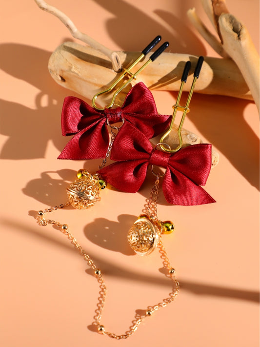 U-Shaped Willow Leaf Nipple Clamps / Red Bow & Bell Long Chain