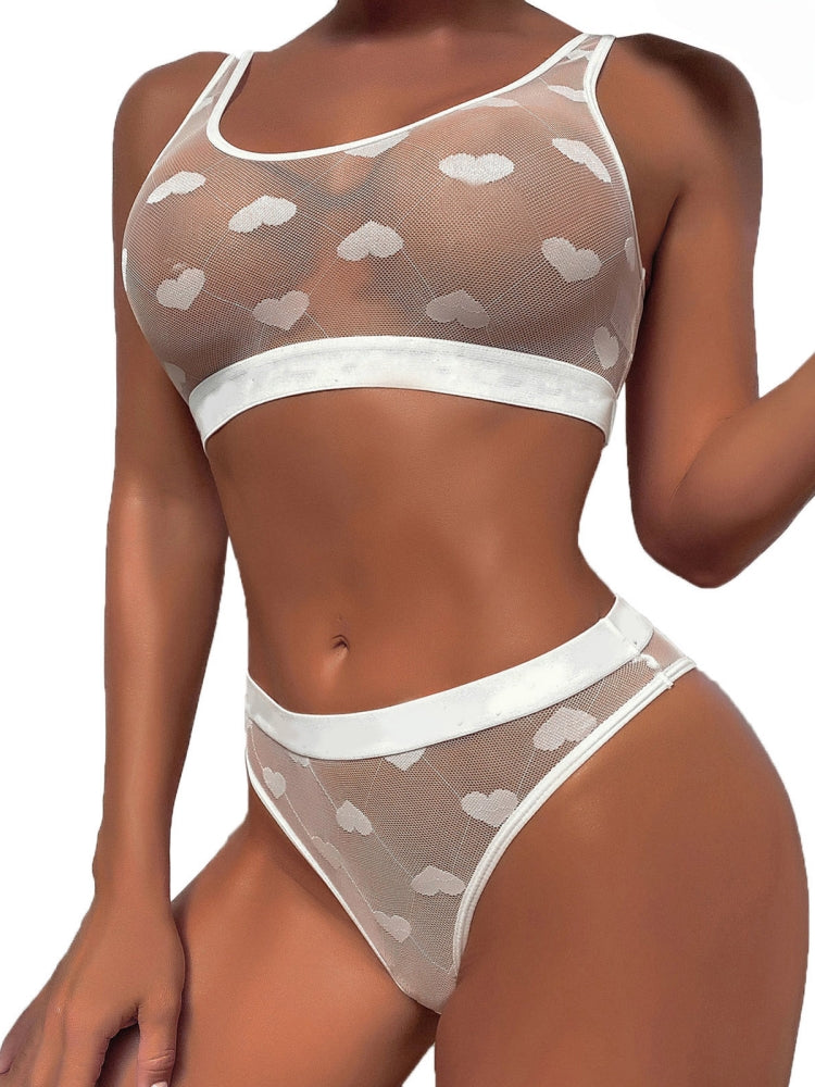 Sexy See-Through Heart Print Lingerie Set, Sheer Mesh 2 Piece Bra and Panty Set #W607 White L/XL/2XL