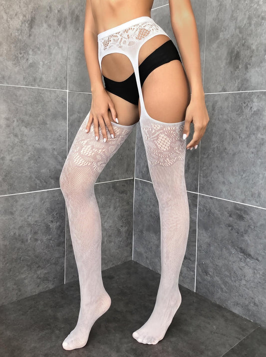 Sexy Sheer Cut-Out Fishnet Tights, Hollowed Mesh Pantyhose #7507 Red/White