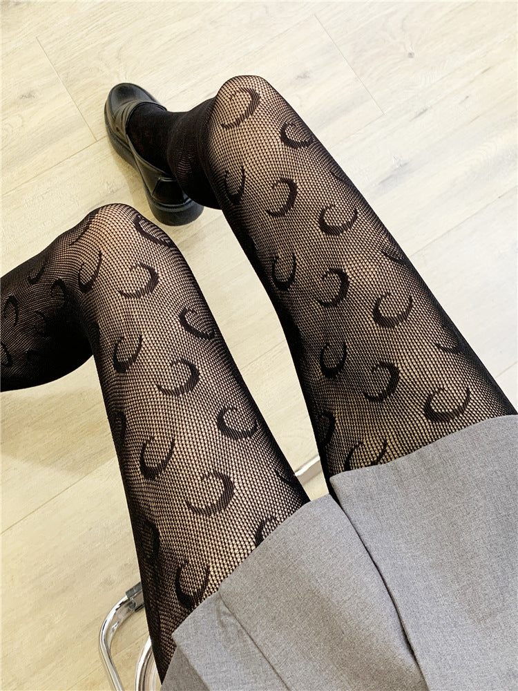 INS Style Dreamy Moon Accent Mesh Tights #05055 Black/White