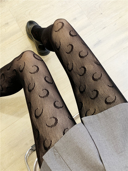 INS Style Dreamy Moon Accent Mesh Tights #05055 Black/White