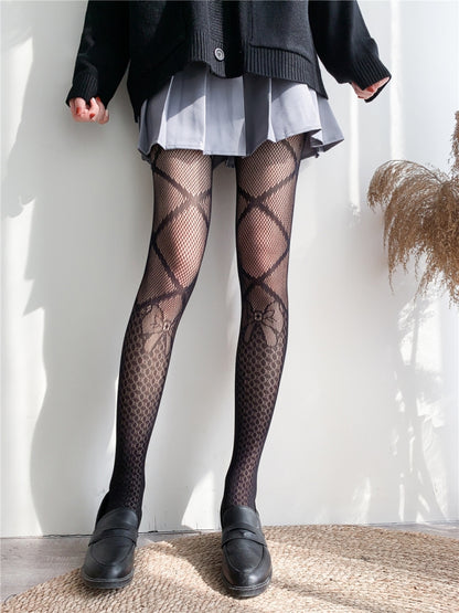 Sexy Sweet Fishnet Tights with Lace-up Bow Pattern, INS Style Mesh Pantyhose #05122