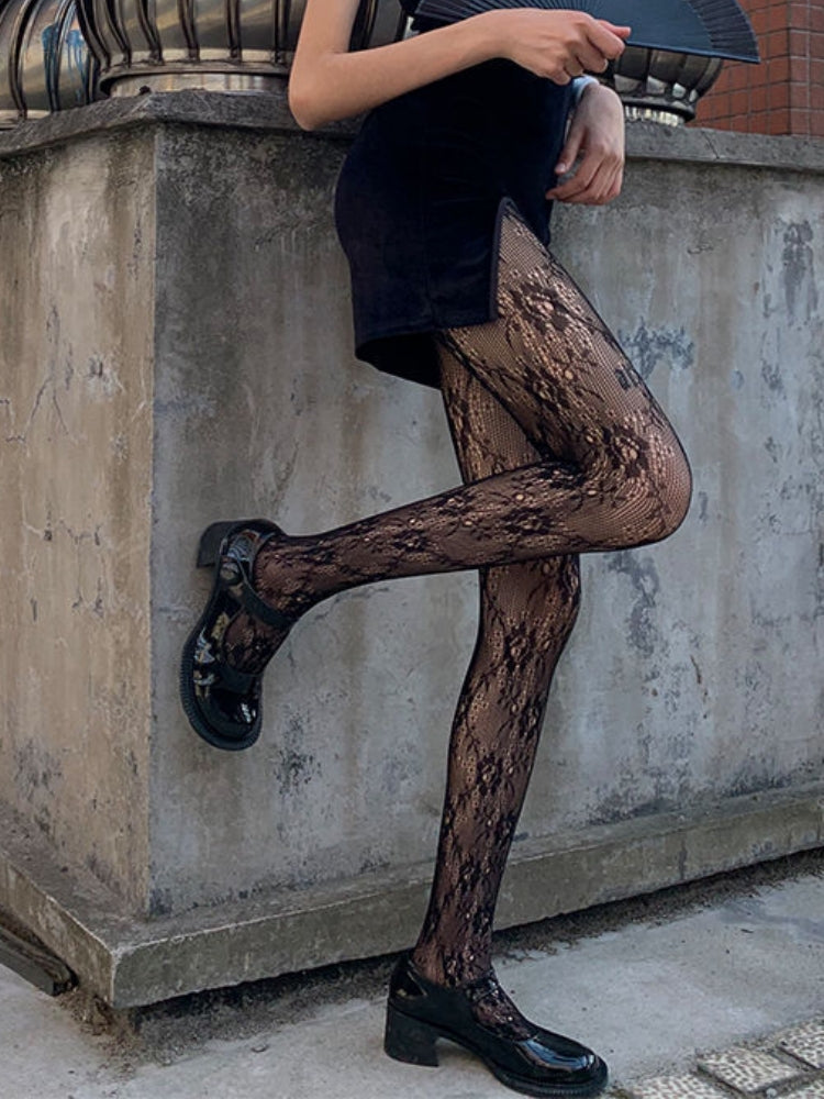 INS Style Elegant Floral Motif Fishnet Pantyhose #05166 Black/White