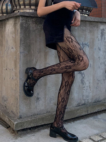 INS Style Elegant Floral Motif Fishnet Pantyhose #05166 Black/White