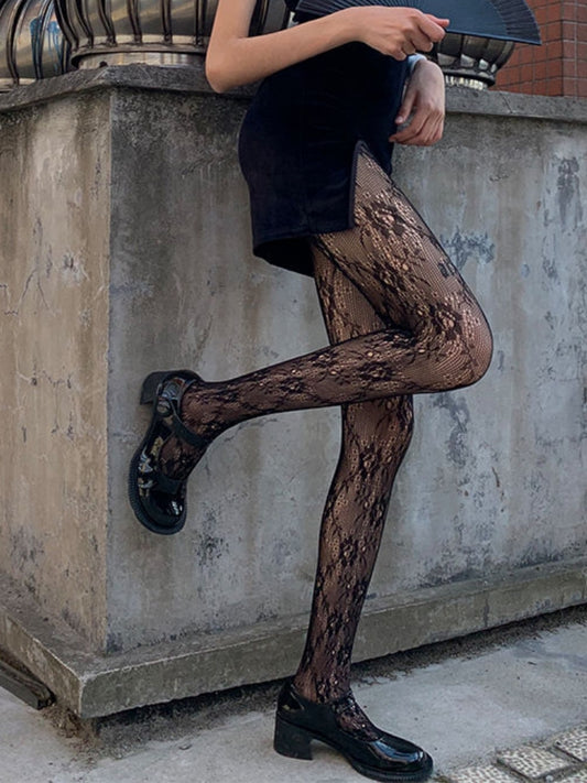 INS Style Elegant Floral Motif Fishnet Pantyhose #05166 Black/White