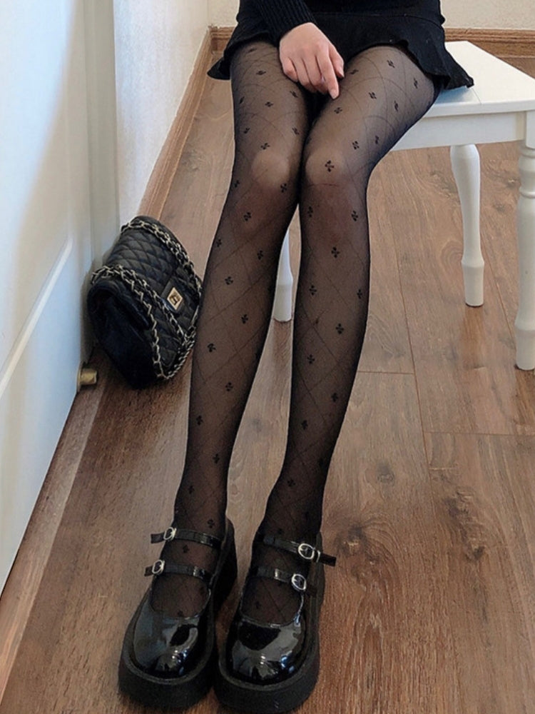 INS Style Delicate Clover Motif Fishnet Pantyhose #05222 Black/White