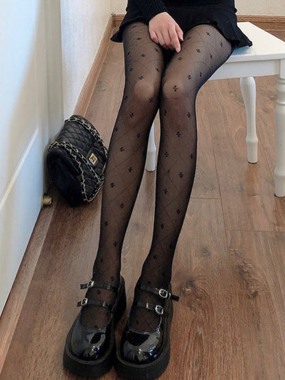 INS Style Delicate Clover Motif Fishnet Pantyhose #05222 Black/White