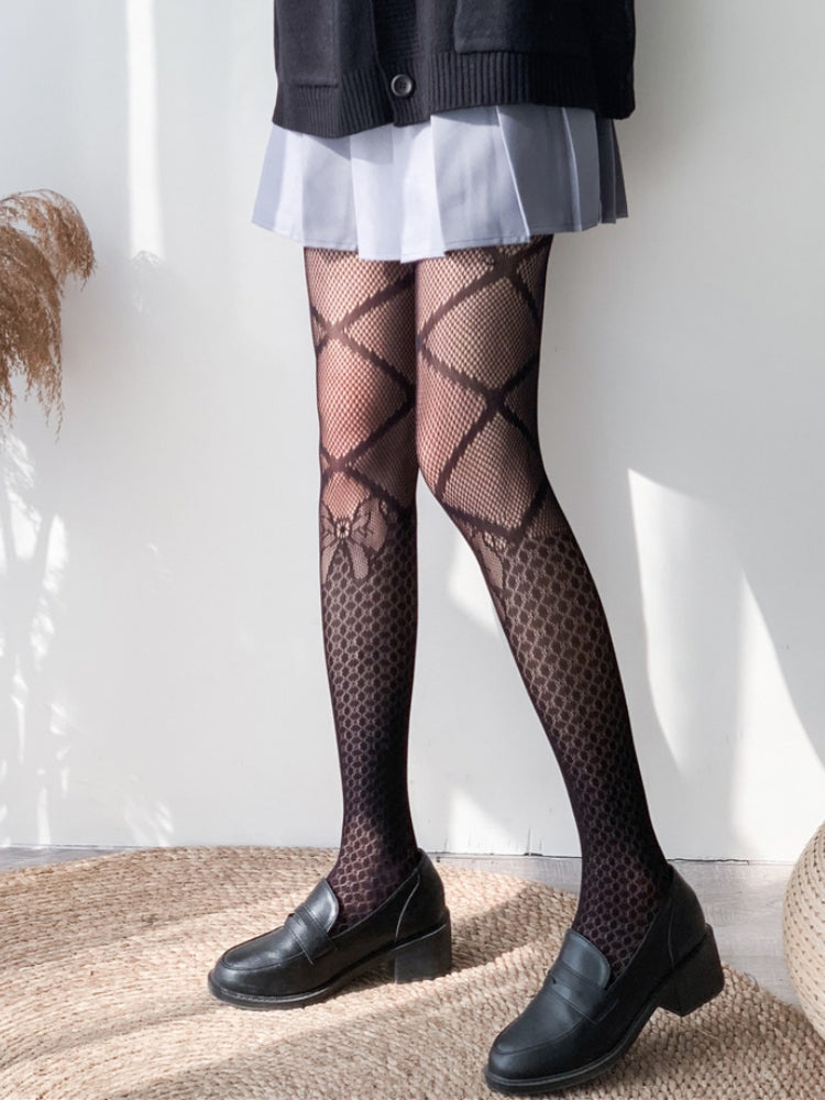 Sexy Sweet Fishnet Tights with Lace-up Bow Pattern, INS Style Mesh Pantyhose #05122