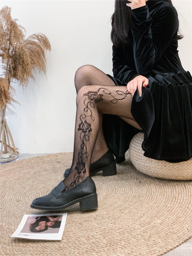 Romantic Side Rose Accent Fishnet Tights #05022