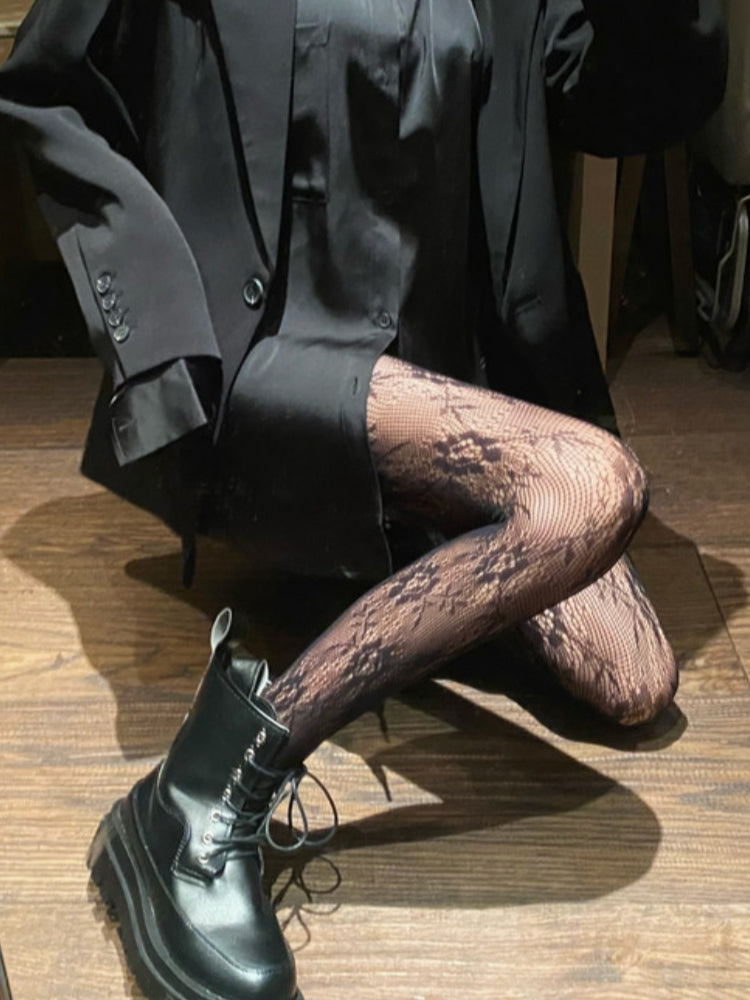 INS Style Elegant Floral Motif Fishnet Pantyhose #05166 Black/White