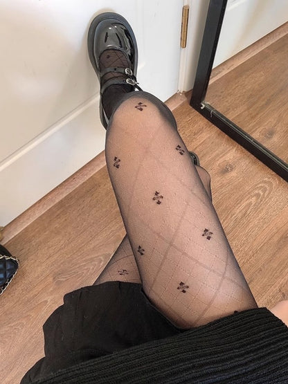 INS Style Delicate Clover Motif Fishnet Pantyhose #05222 Black/White