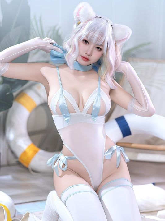 可爱性感猫耳镂空罩杯开裆连体衣套装 #6297