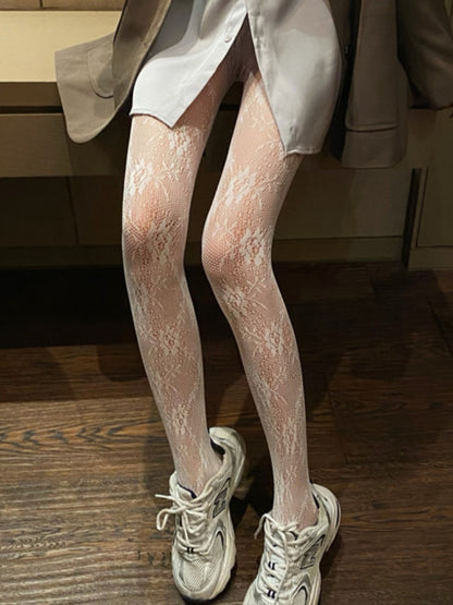INS Style Elegant Floral Motif Fishnet Pantyhose #05166 Black/White