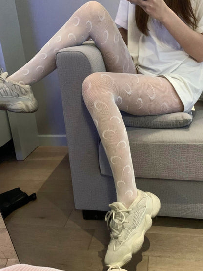 INS Style Dreamy Moon Accent Mesh Tights #05055 Black/White