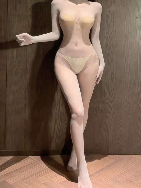 Vintage Jacquard Long-Sleeve Full-Body Fishnet Stockings #7443 Grey/Black