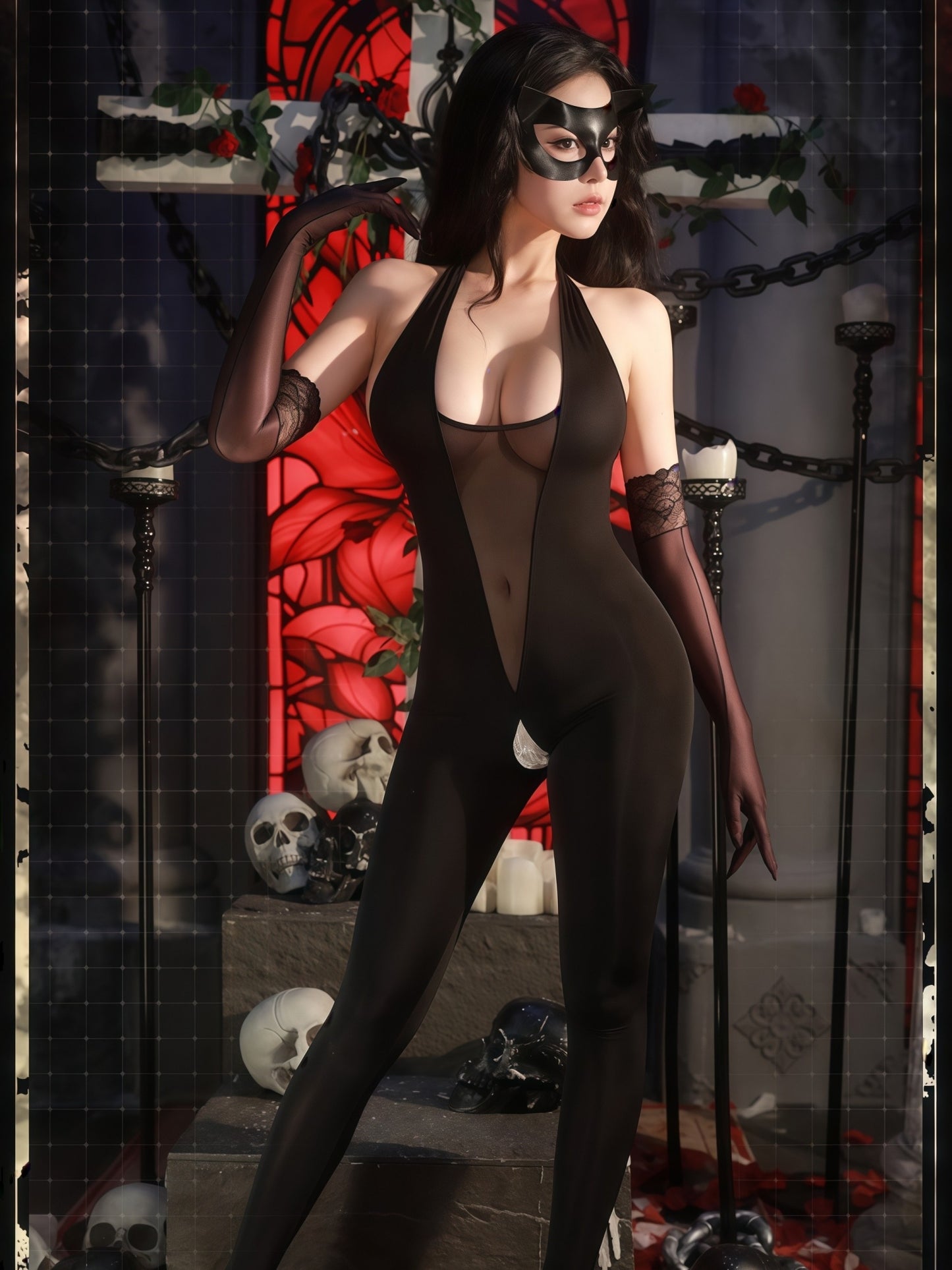 午夜城堡透视镂空猫女套装 #6128