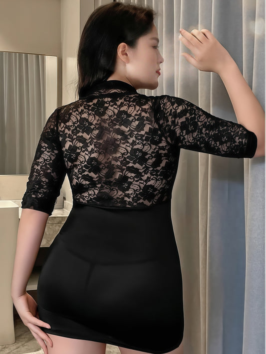 大码性感黑丝开裆透视包臀网衣 #7561