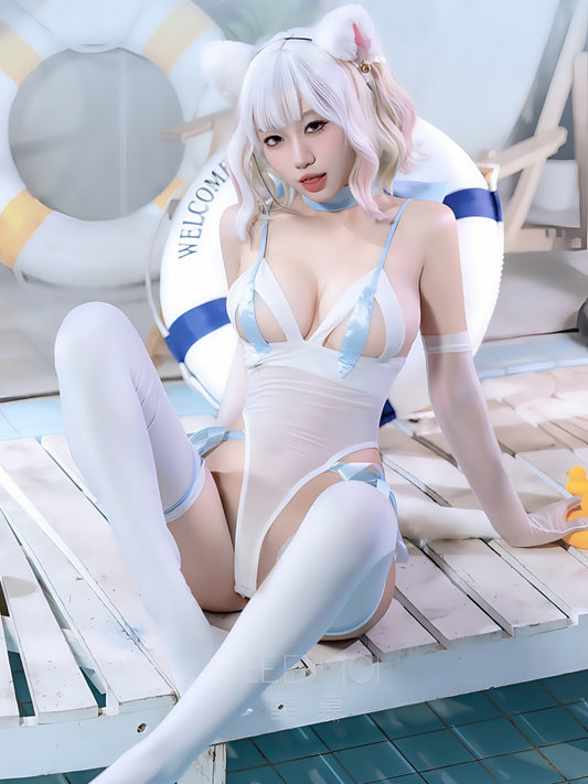 可爱性感猫耳镂空罩杯开裆连体衣套装 #6297