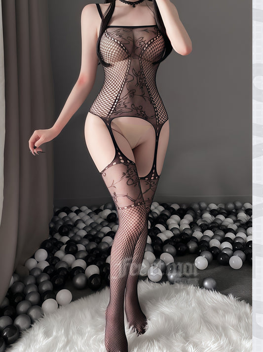 Provocative Open-Gusset Bodysuit #7412 - Allover Floral Fishnet & Adjustable Straps