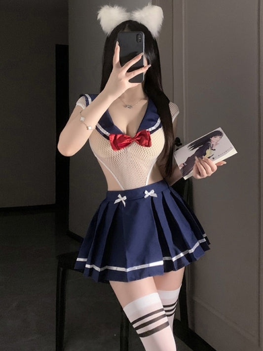 Sexy Lingerie Net Tied Two Wear College JK Uniform Perspective Suit #6922