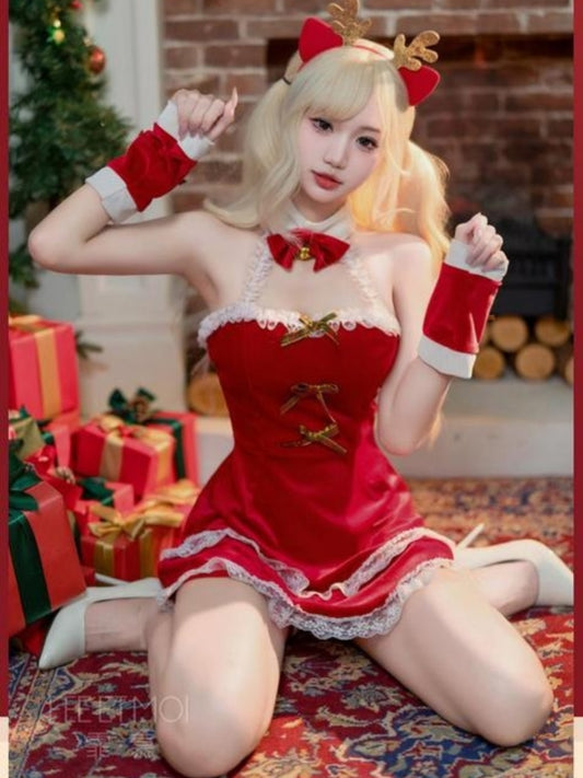 Christmas/New Year Velvet Sexy Pure Desire Hip-baring Temptation Tube Top Bare Back Cute Christmas Elk Set #6710