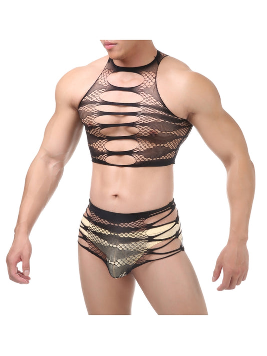 Men's Two-piece Sexy Lingerie Seductive Hollow Mesh Clothing Nightclub Male Model Bodysuit