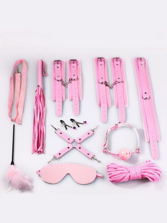 10-Piece Bondage Set (Leather & Plush) Black /Pink