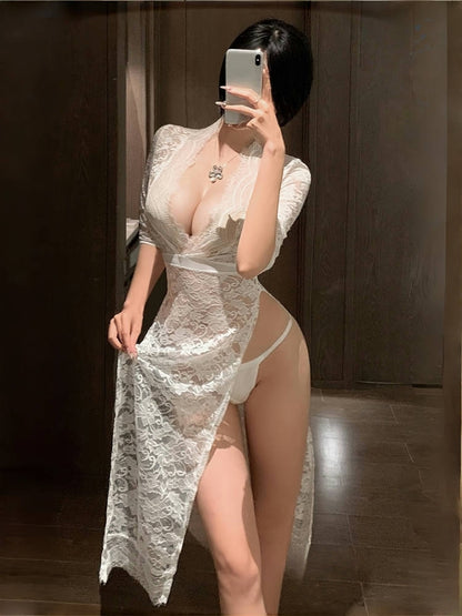 深V开衩露臀透视诱惑免脱蕾丝长裙 #6363