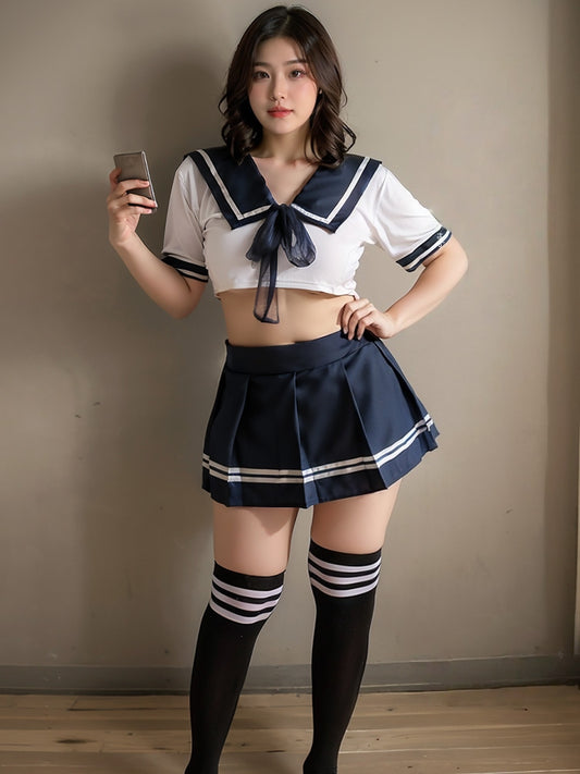 Plus Size Schoolgirl Lace Corset JK Uniform Set #7962