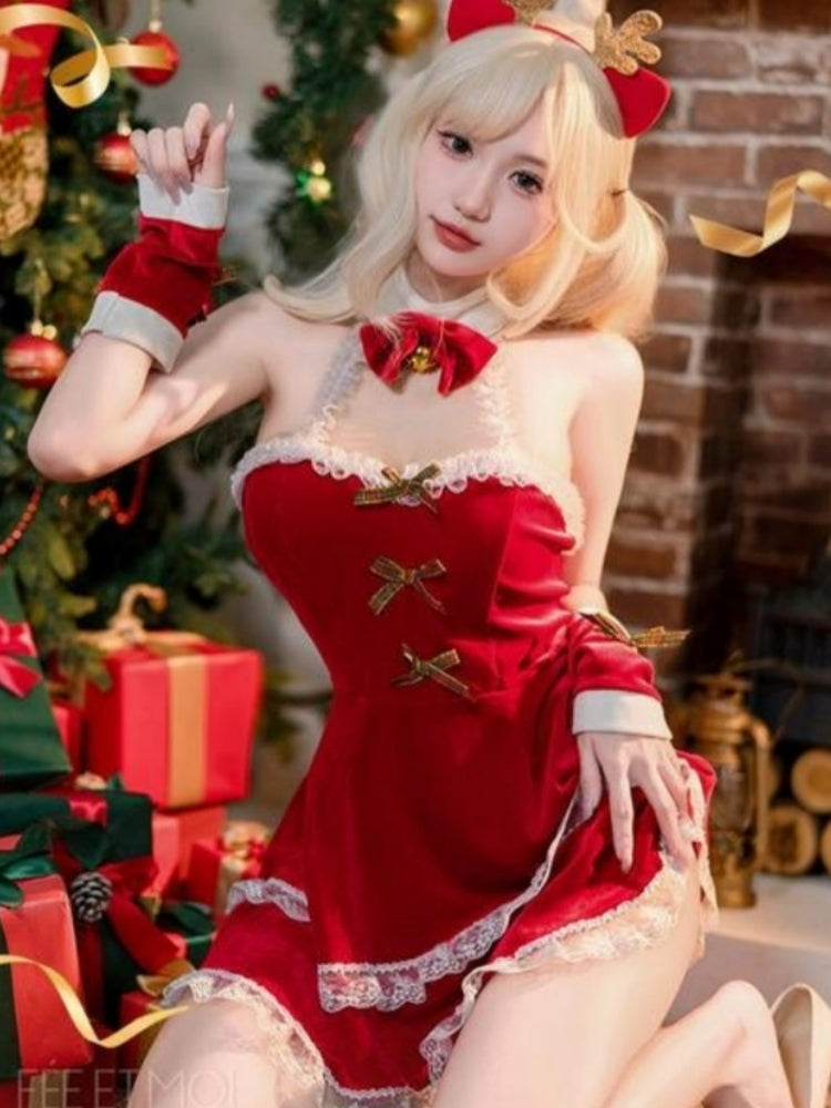 圣诞/新年丝绒性感纯情露臀诱惑抹胸露背可爱圣诞麋鹿套装#6710