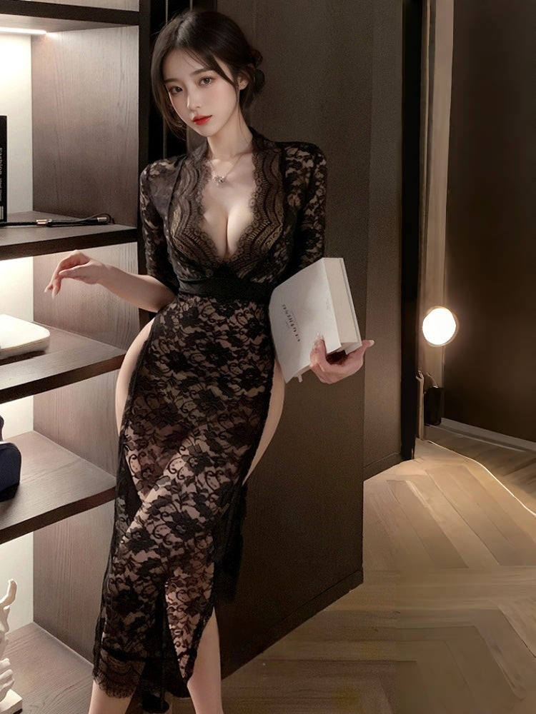 深V开衩露臀透视诱惑免脱蕾丝长裙 #6363