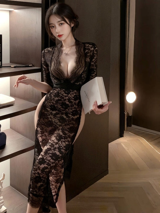 Deep V Slit Hip- Revealing Perspective Temptation Lace Long Skirt Free to Take Off #6363