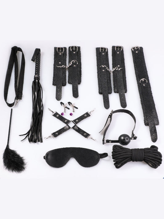 10-Piece Bondage Set (Leather & Plush) Black /Pink