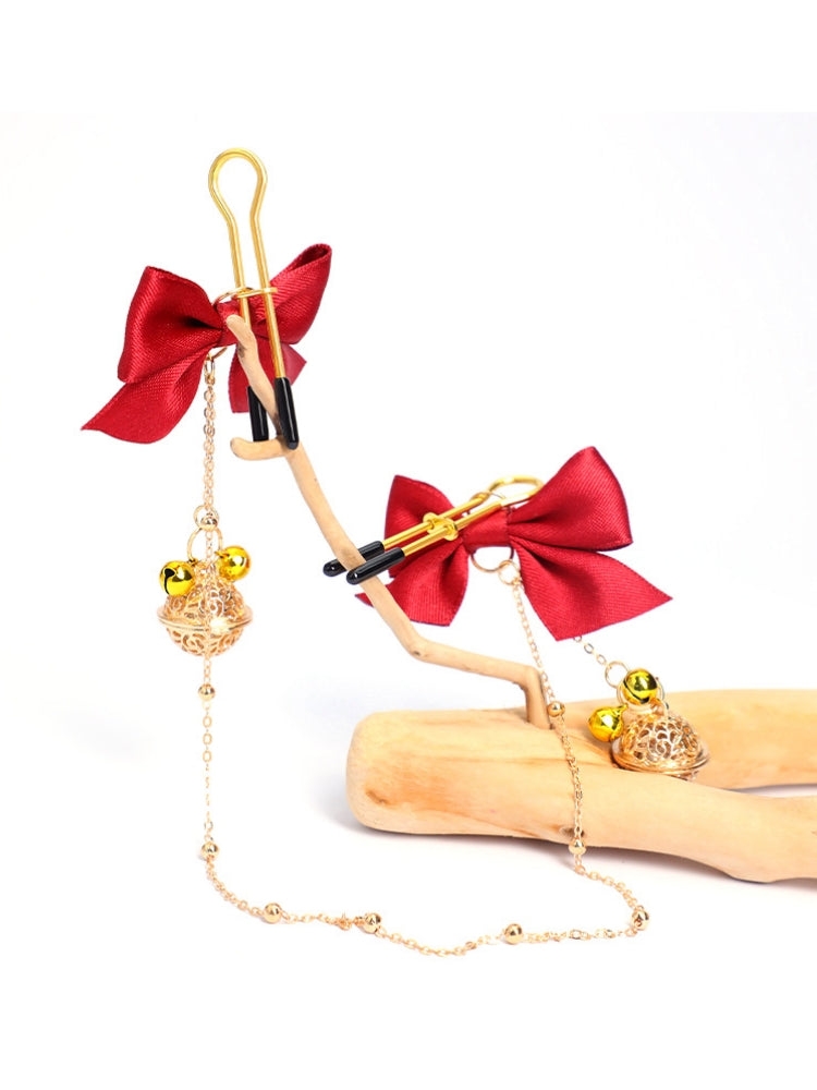 U-Shaped Willow Leaf Nipple Clamps / Red Bow & Bell Long Chain