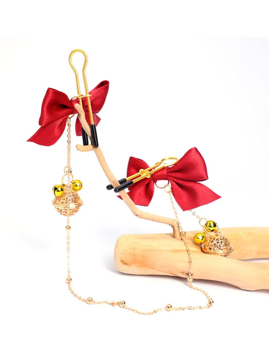 U-Shaped Willow Leaf Nipple Clamps / Red Bow & Bell Long Chain