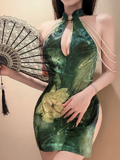 Lotus Reflecting The Moon Deep V Sexy Cheongsam With High Slit Revealing Hips #3851