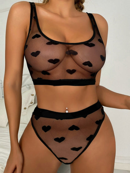 Sexy See-Through Heart Print Lingerie Set, Sheer Mesh 2 Piece Bra and Panty Set #W607 Black L/XL/2XL
