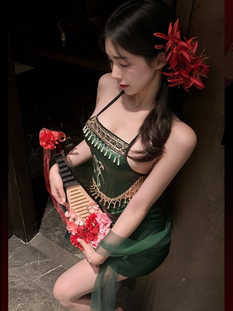 Sensual Floral Embroidery Halter Lingerie Set #ZY52