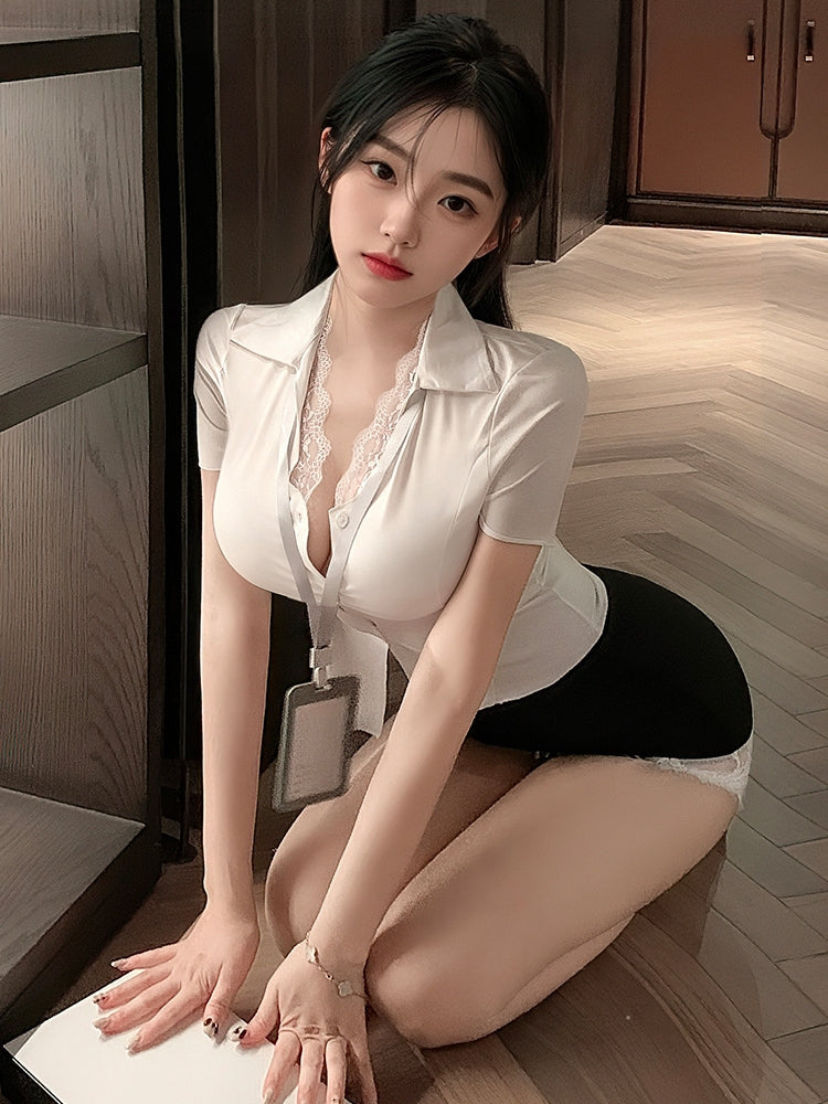 Deep V-Neck Low-Cut Lace Secretary Uniform Costume Set #6206
