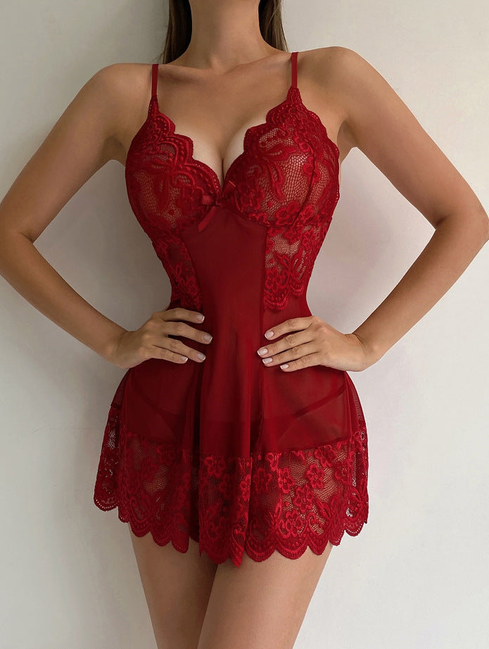 New Sexy Hollow-out See-through Printed Lace Slip Dress Lingerie Set #W637 Red