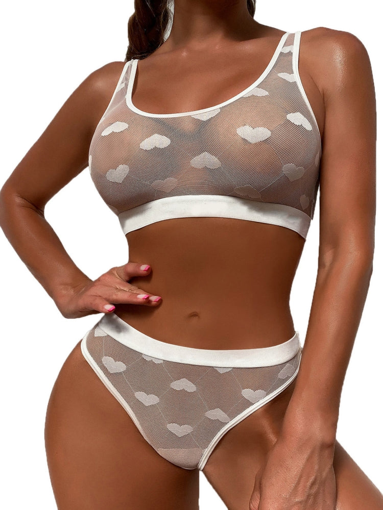 Sexy See-Through Heart Print Lingerie Set, Sheer Mesh 2 Piece Bra and Panty Set #W607 White L/XL/2XL