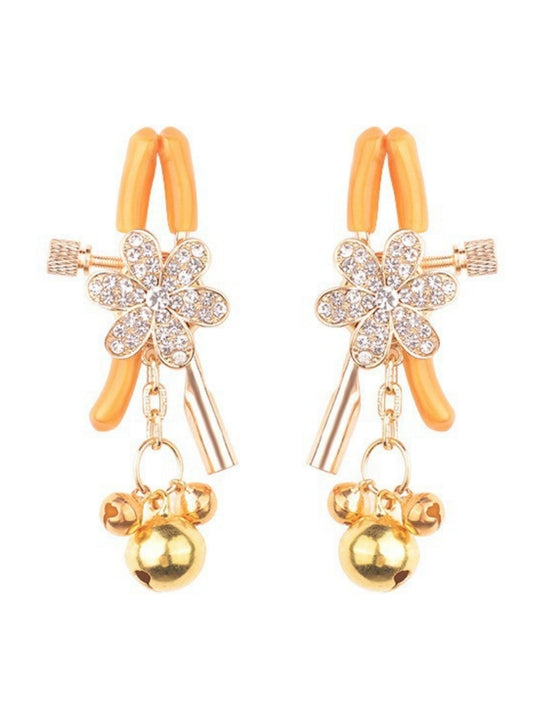 Gold Rhinestone Flower Chain Nipple Clamps