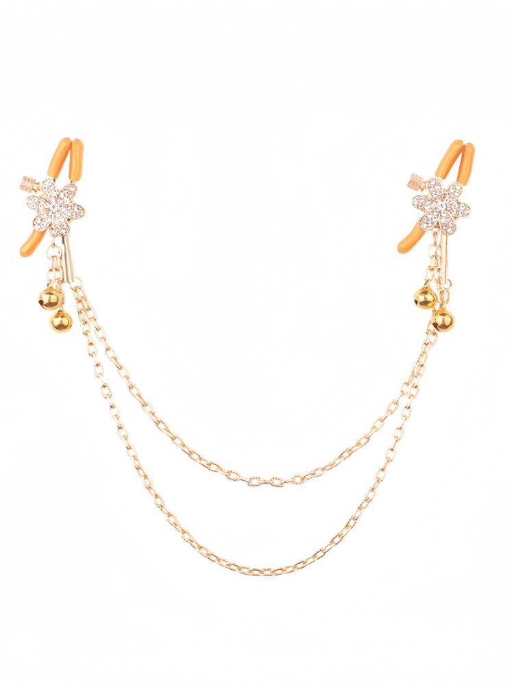 Gold Rhinestone Flower Chain Nipple Clamps